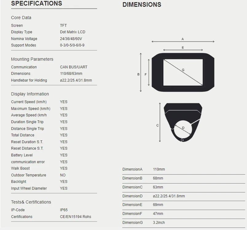 

APT TFT-750C LCD Display Electric Bike Instrument Monitor e-Bike Speeder Replacement Parts Panel Bafang LED