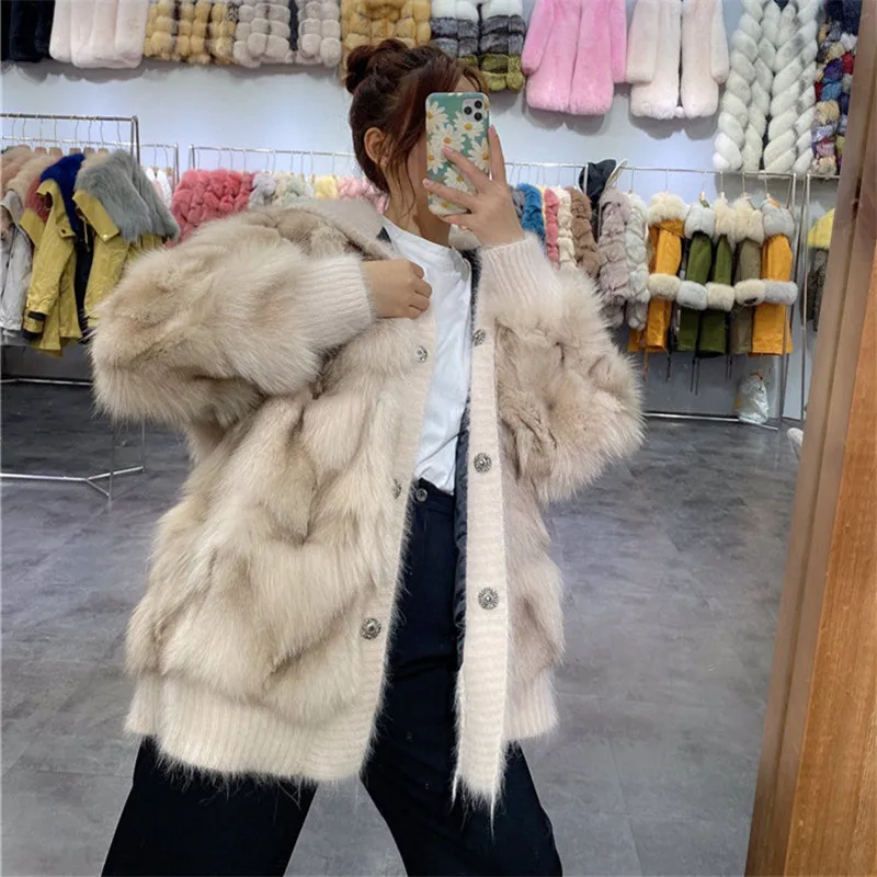 

New Style Winter Genuine Real Fox Fur Jacket Women Fashion Brand Knitted Hooded Fox Fur Coat Cardgain