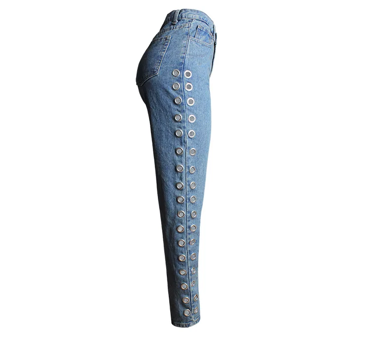 

Women's High Waist Loose Pants With Riveted Hollow Metal Eyelet Jeans