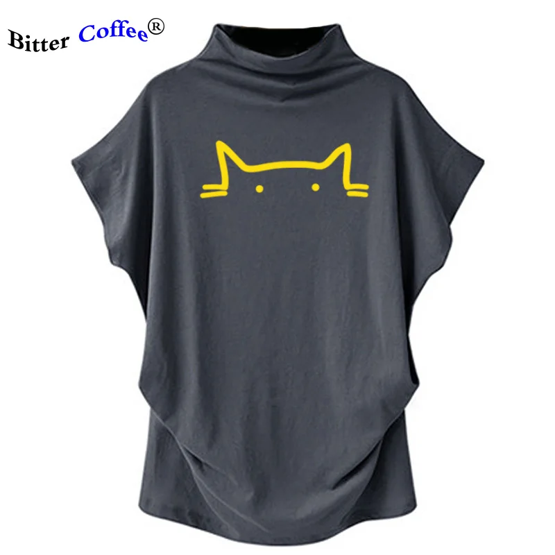 Новинка 100% хлопок короткий рукав летучая мышь принт кота женская футболка