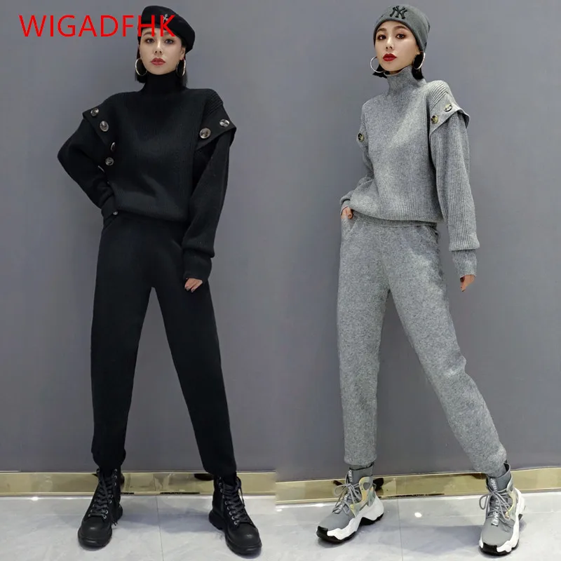 

2021 Autumn And Winter New Western Style Knitted Suit Women High Neck Pullover Sweater Foot Pants Fashion Two-piece Suit