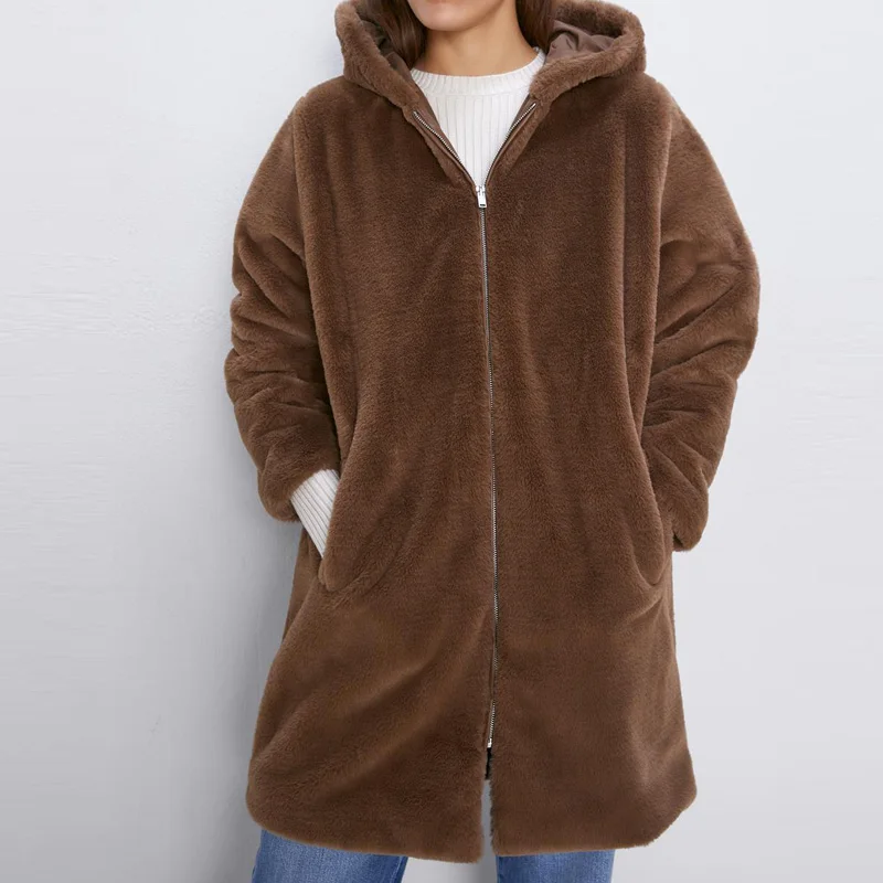 Женский меховой Тренч с капюшоном KUMSVAG куртка-ветровка на молнии длинным рукавом