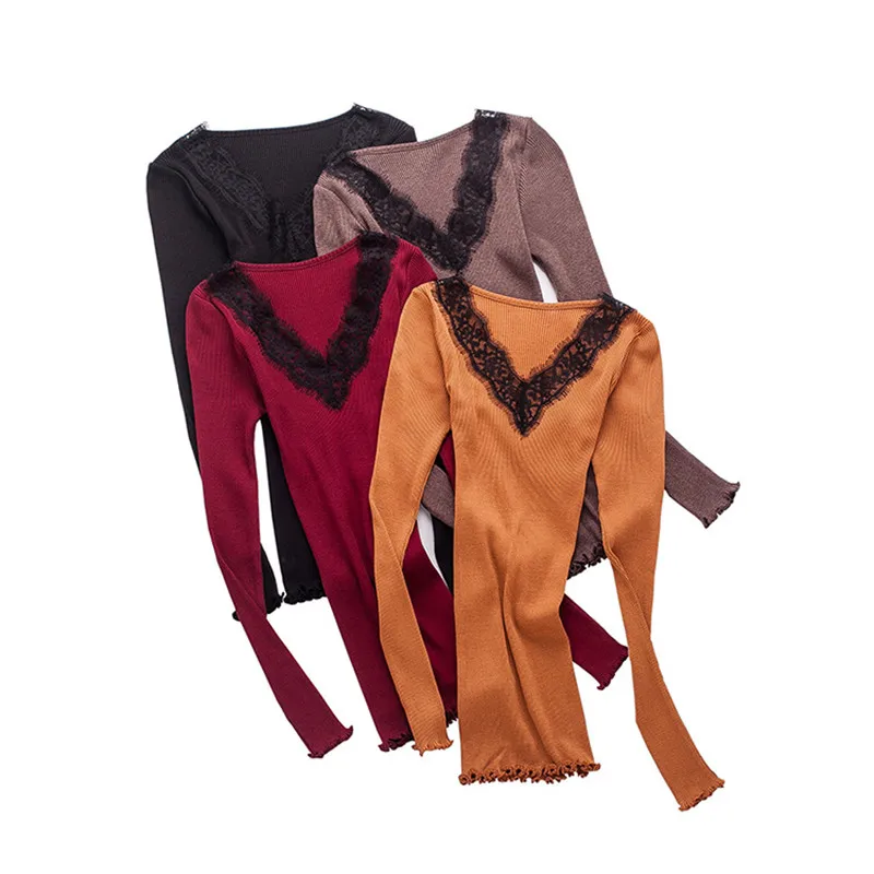

Birdsky, Women silk long sleeve T shirt Top Tees, lace V neck ruffles pullover, 90% mulberry silk rib, 4 solid colors. OR-51