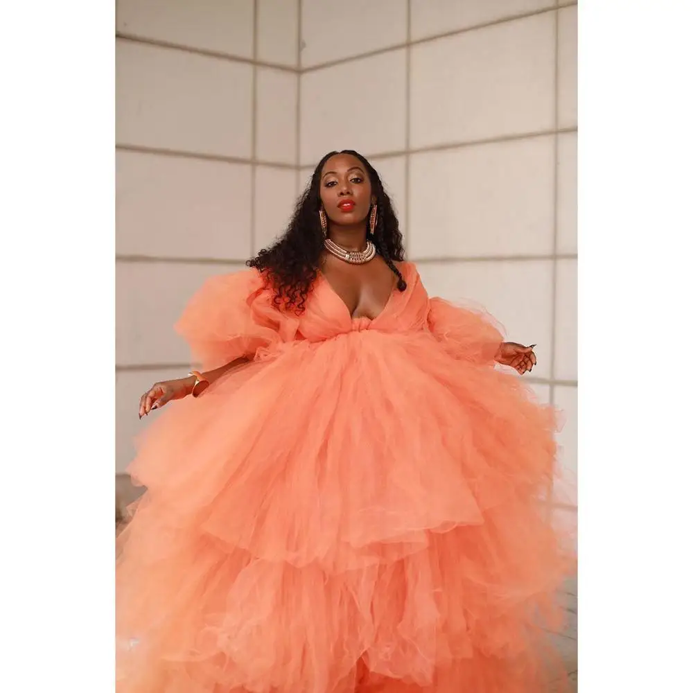 

Ball Gowns abiye Plus Size Prom Gowns African Mesh Evening Gown Tiered Abito da sera Orange Formal Dress Tulle robe de soiree
