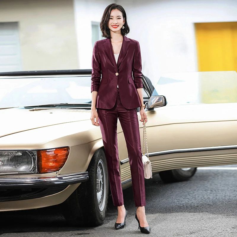 

Fashion High Quality Women Suit Slim Two Piece Office Ladies Work Wear Blazer Set Professional Casual Shiny Female Suits+Pants