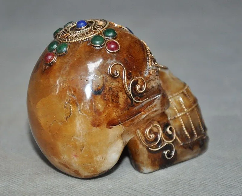 

christmas Rare Tibet Buddhism Crystal Silver Filigree inlay gem Skeleton Skull Head Statue halloween