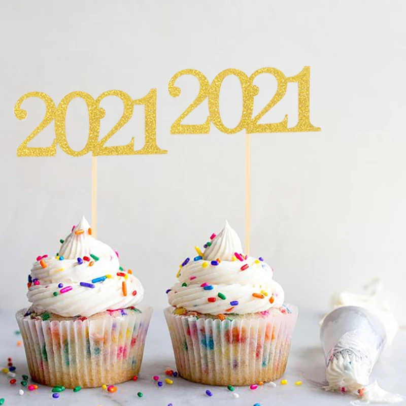 12 шт новогодних 2021 топперы для торта золотой кекс Топпер дня рождения