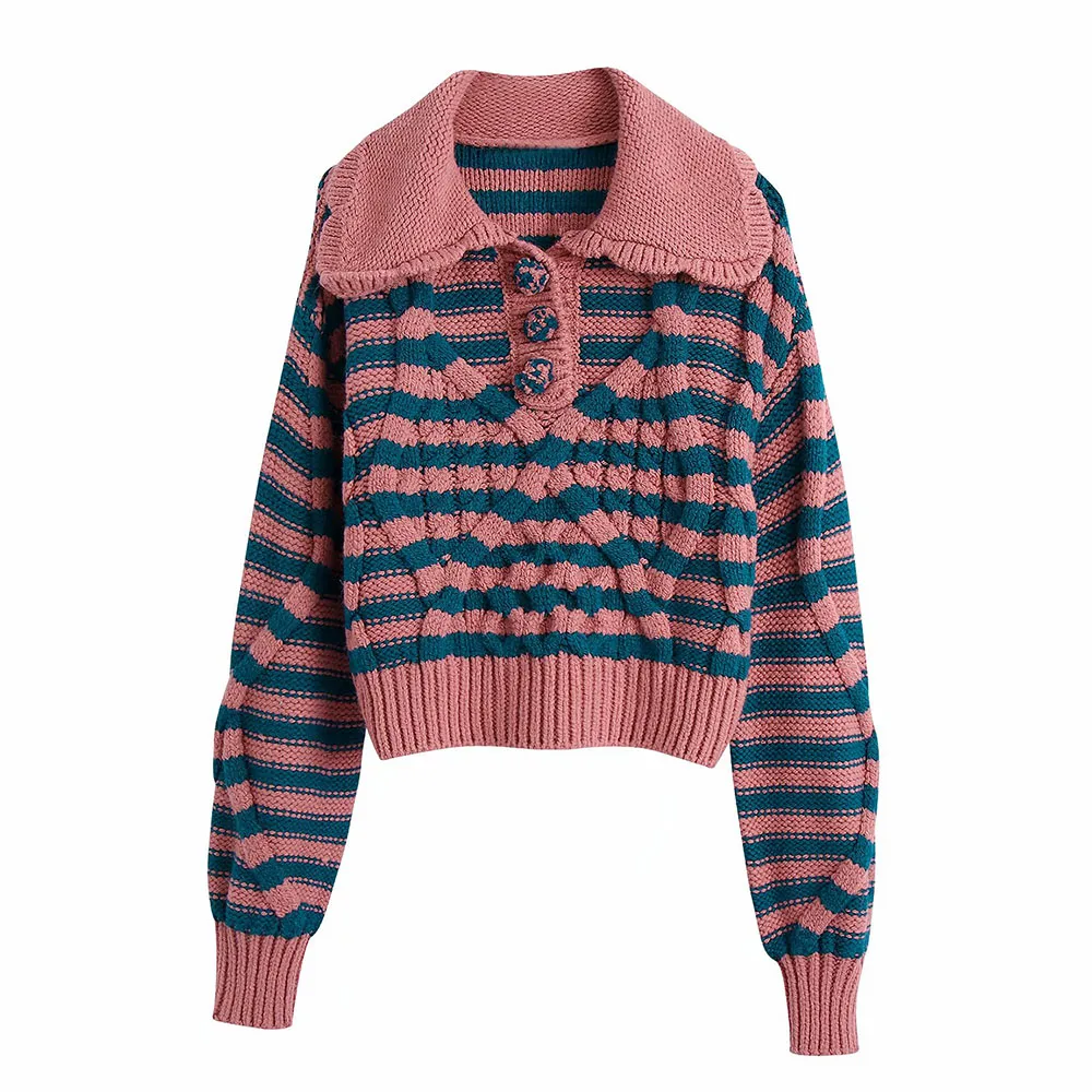 

Za Women 2021 New Fashion Stripe eight-strand Knitted Sweater Vintage lapel Long Sleeve Female Pullovers Chic Tops