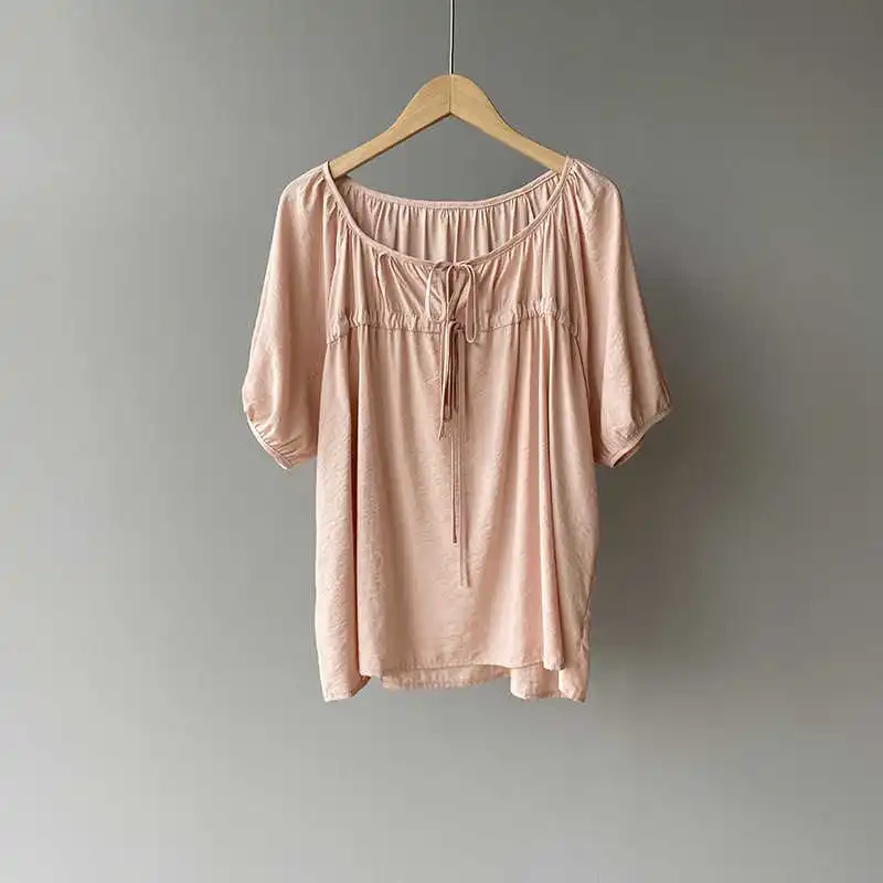 

COZOK Solid Color Round Neck Drawstring Lace Up Sunscreen Shirt Women's 2021 Summer Lantern Sleeve Bottomed Baby Shirt 8186