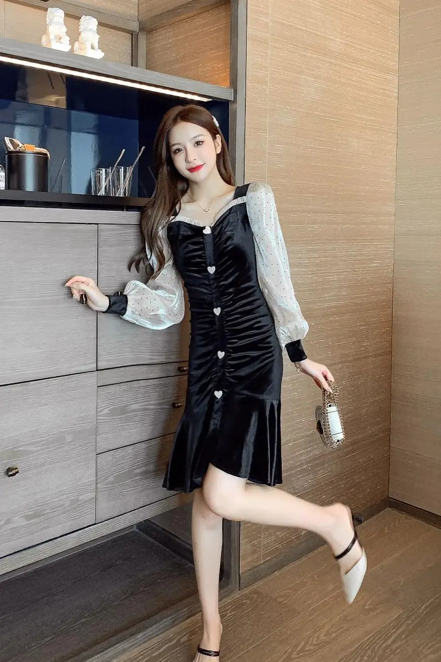 

COIGARSAM Fashion Women one-piece dress korean New Spring Dresses Black 8671