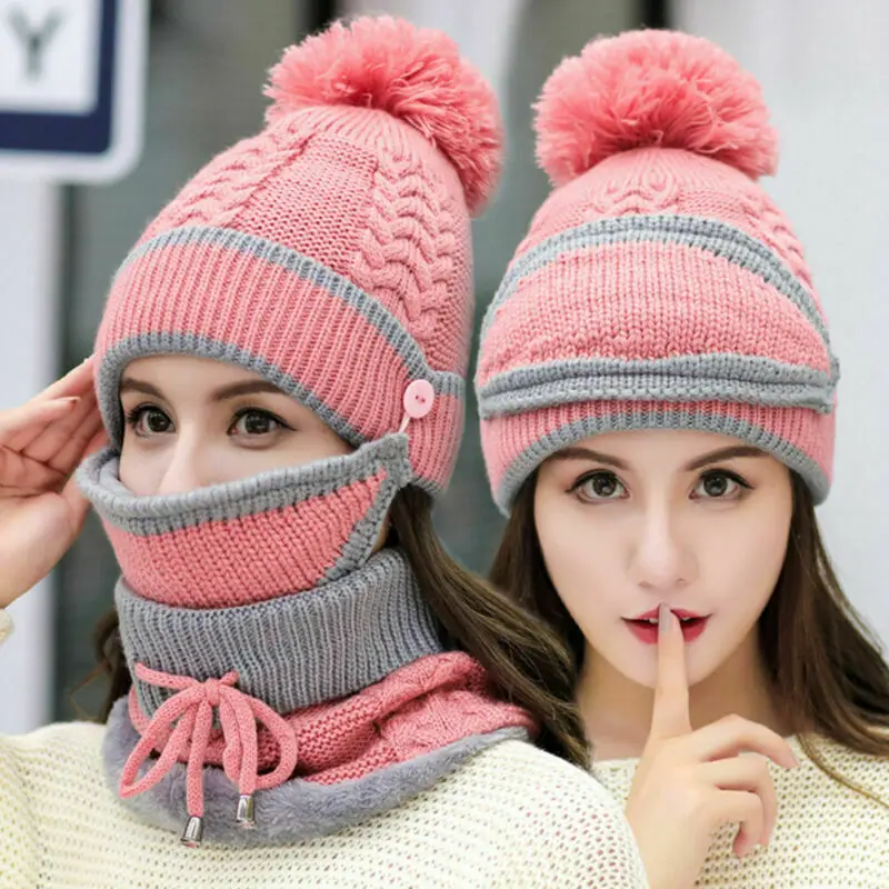 

Winter Hats Women Winter Knit Beanies Hat with Bib and Mask Female Ear Protection Skullies Hat Warm Velvet Thick Riding Wool Cap
