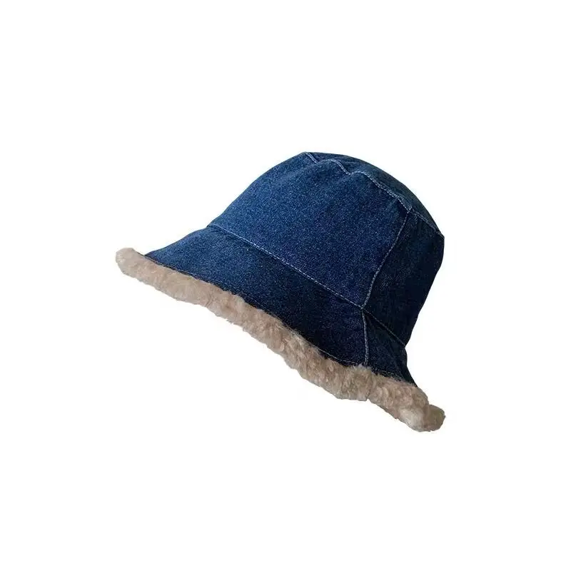

Y2K Aesthetics Women's Bucket Hat Denim Lamb Hair Stitching Winter Leopard Faux Fur Retro Bucket Hats For E Girl Accessories