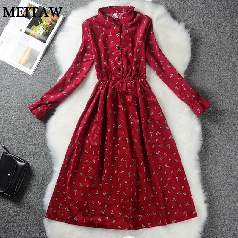 Винтажное вельветовое платье с высокой талией повседневное женское миди длинным