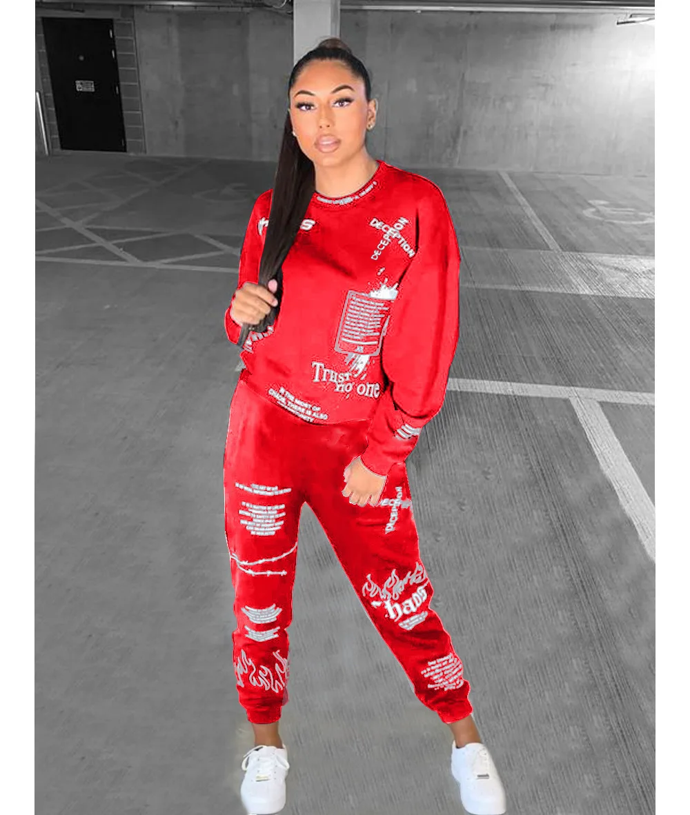 

Spring and autumn trend women's round neck long sleeve top+slacks leisure and entertainment two-piece suit female