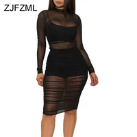 sexy transparent 3 piece set women turtleneck long sleeve ruched mesh dress straped crop top bodycon shorts club outfits