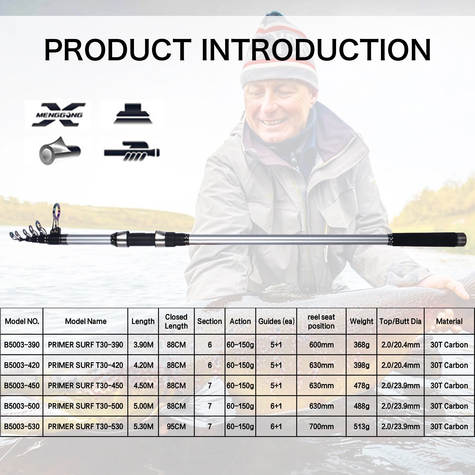 FELENHAI Telescopic Surf Spinning Fishing Rod 3.9/4.2/4.5/5.0m 30T Carbon Power 150g 200g Surfcasting Travel Sea Carp Hard Pole