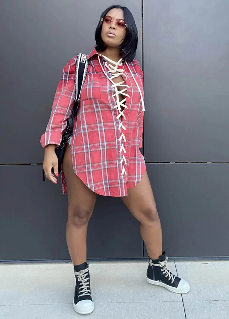 

ChocoMist Shirt Casual Fashion Bandage Plaid Women Long Shirt Dresses ZA053