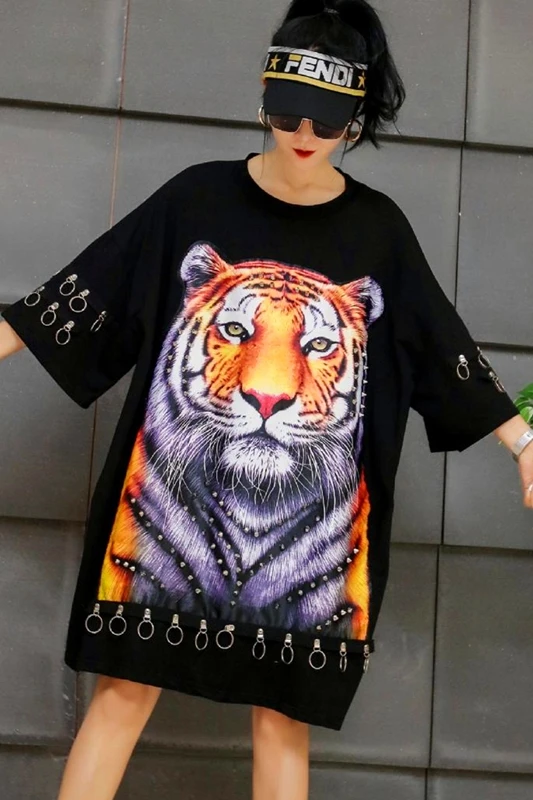 

Thailand tide brand ladies heavy industry printed T-shirt female hip-hop loose mid-length high-end net red short-sleeved dress