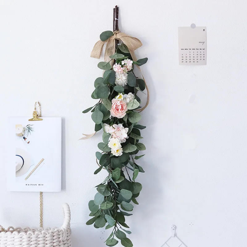 

Wall Hanging Wreath Wedding Decor Green Artificial Eucalyptus Garland Leaves Silk Leaf Rattan Artificial Plant Fake greenery