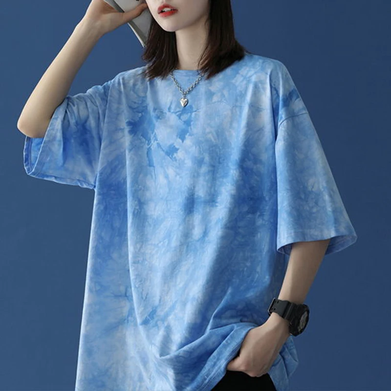 

Women's Short Sleeve T-Shirt Tie-Dye Summer Loose Korean Fashion Half-Sleeved Tops Female Oversize T Shirt O-neck Casual Tshirt