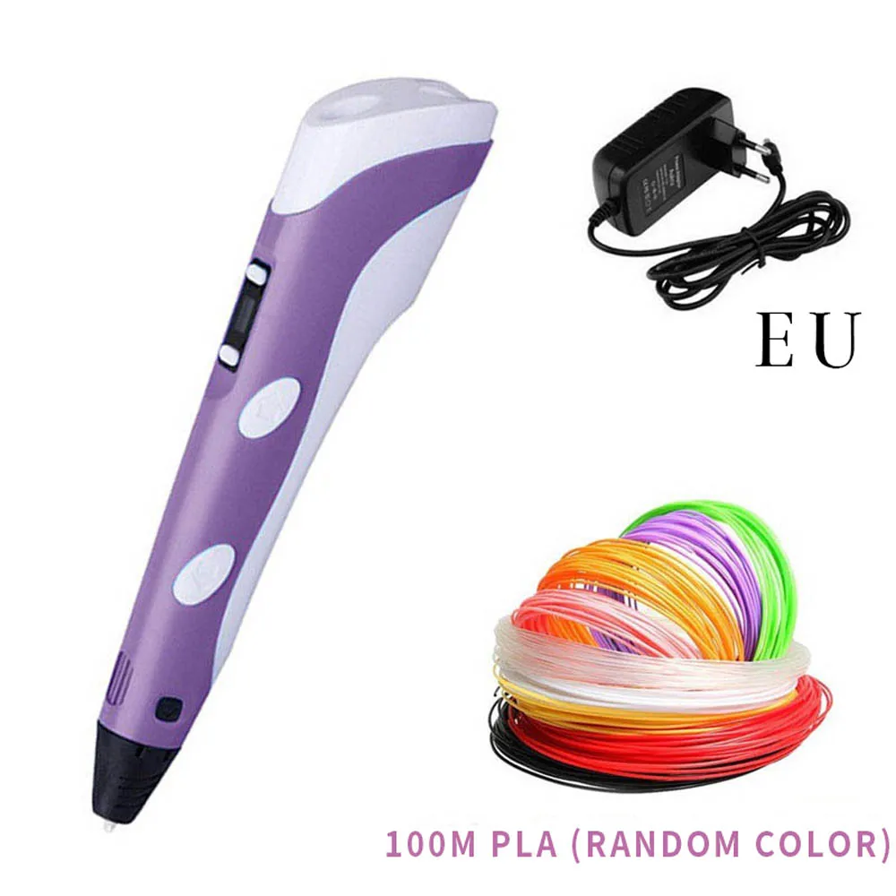 purple 100m EU Креативная 3d-ручка с PLA нитями, регулируемая температура, Нетоксичная ручка для рисования, детские подарки на день рождения, обучающая игрушка - Цвет: purple 100m EU