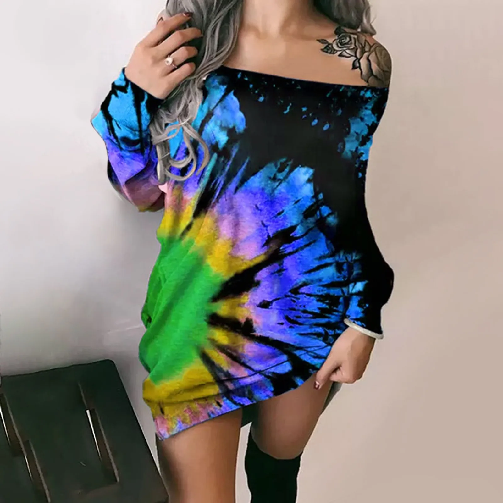 

Sexy Off-Shoulder Dress Womens Casual Tie-dye Printed Long Sleeves Mini Dress Teen Girls Party Dresses Streetwear Clubwear A40