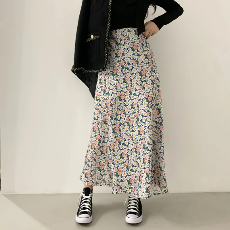 Женская длинная юбка с высокой талией винтажная шифоновая цветочным принтом в