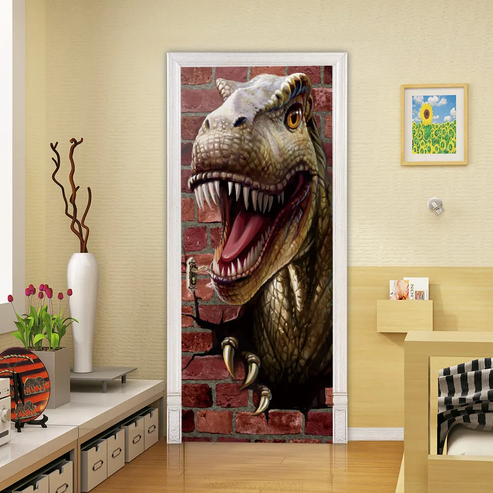 Pegatinas de puerta 3D de dinosaurio creativo, pegatinas de pared autoadhesivas, impermeables, extra&iacute;bles-4