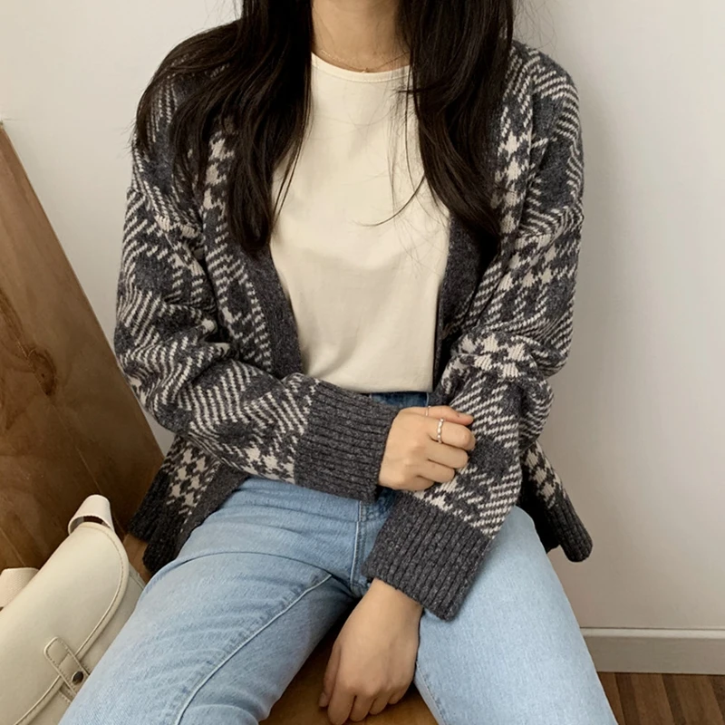 Женский однобортный Кардиган с открытым швом винтажный трикотажный жакет в