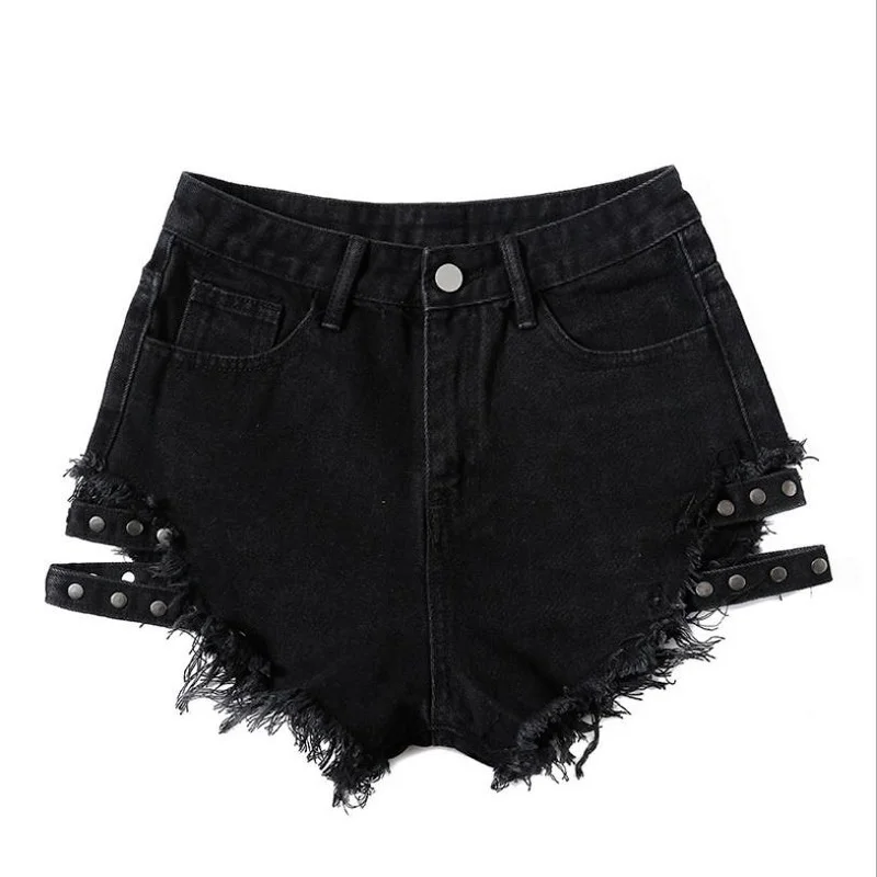 

2021 Style Denim Shorts High-waisted Jeans with Nails on The Side and Loose Holes Fashionable Worn Hot Ladies Clothing