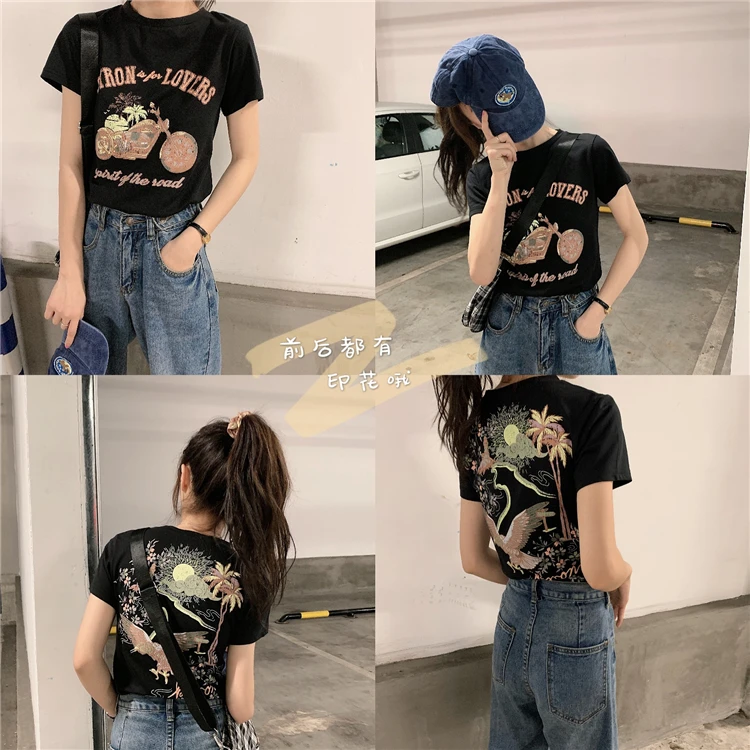 

2021 Summer New Women's Printing Short Sleeve Black T-shirt Personality Ladies Retro Ins Fun Crew Round Loose Tee Tops Clothes