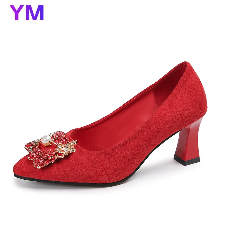 Новинка 2020 года Красные свадебные туфли-лодочки Замшевые женские туфли на