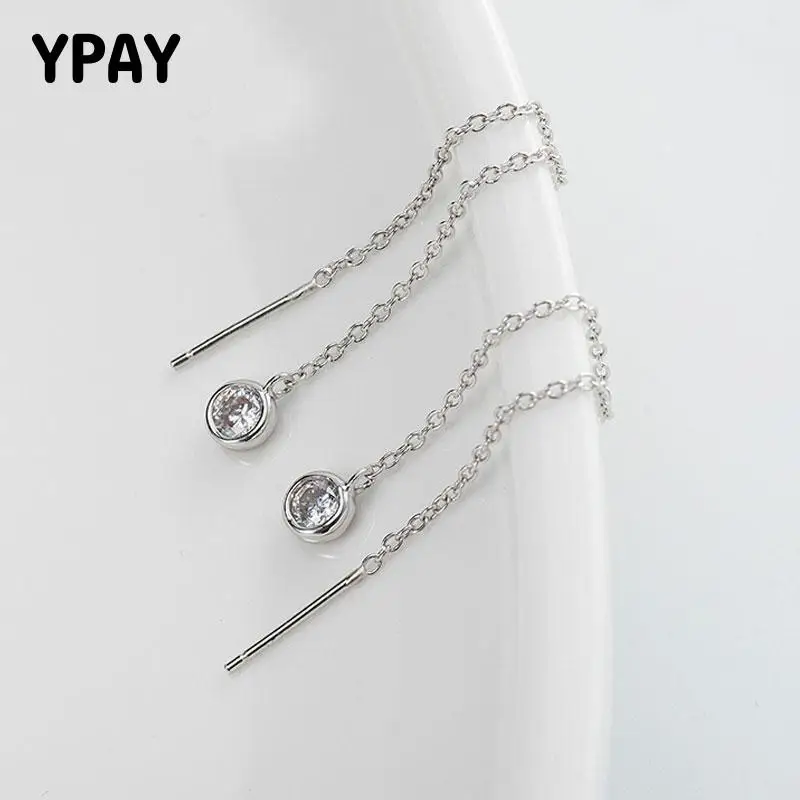 

YPAY 100% Genuine 925 Sterling Silver Long Tassel Drop Earrings for Ladies Girls Clear Zircon Earring Fine Jewelry Gift YME216