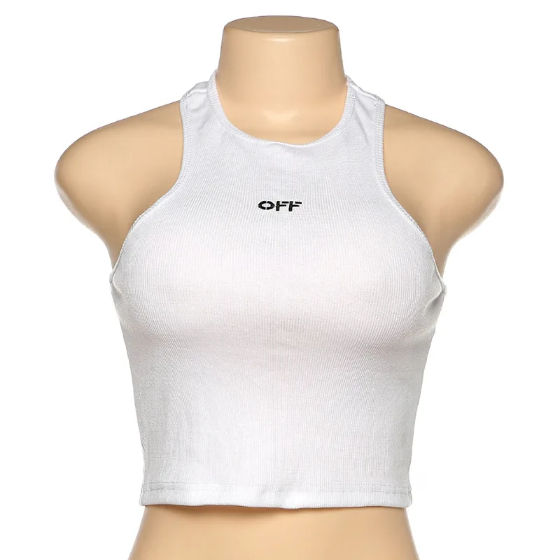

Tee y2k summer shorts femme t-shirts tops OFF Embroidery Sexy Crop Top Shoulder white shirt oversized Backless ropa mujer