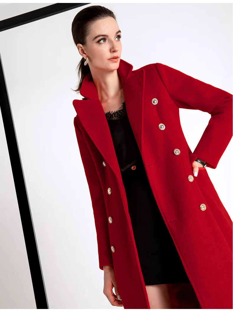 

Fashion Turn-down Collar Double Breasted Slim Winter Coat Women Long Seelve Red OverCoat Female Outwear For Girls Wedding Dress