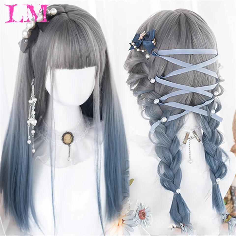 

LM Ombre Gray Blue Wig For Women With Fringe Fashion Heat Resistant Length Synthetic Wig With Bang