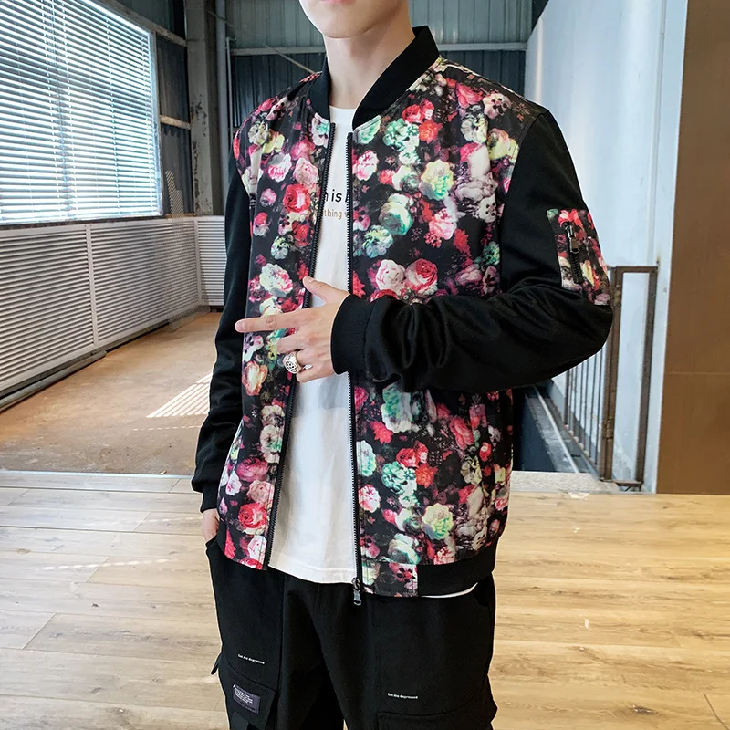 

Fashion Plants Print Long Sleeve Coat Mens Harajuku Korean Stylr Winter Coats and Jackets Male Streetwear Hiphop Jacket Bomber