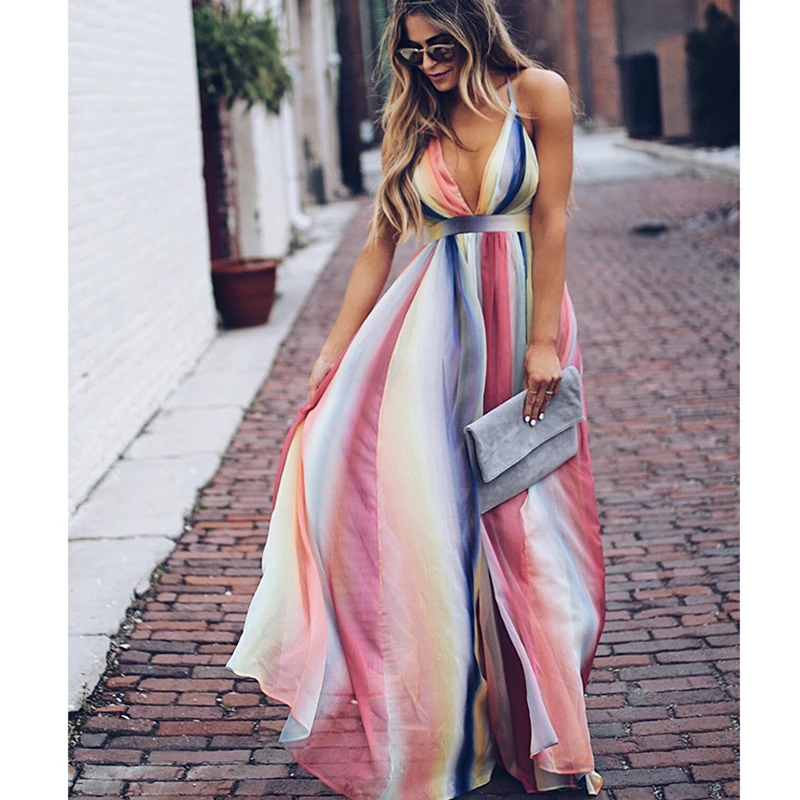 

Halter Rainbow Dress Halter Cross Summer Beach Chiffon Long Skirt Casual Vacation Sexy Spaghetti Strap Elegant Party Vestidos