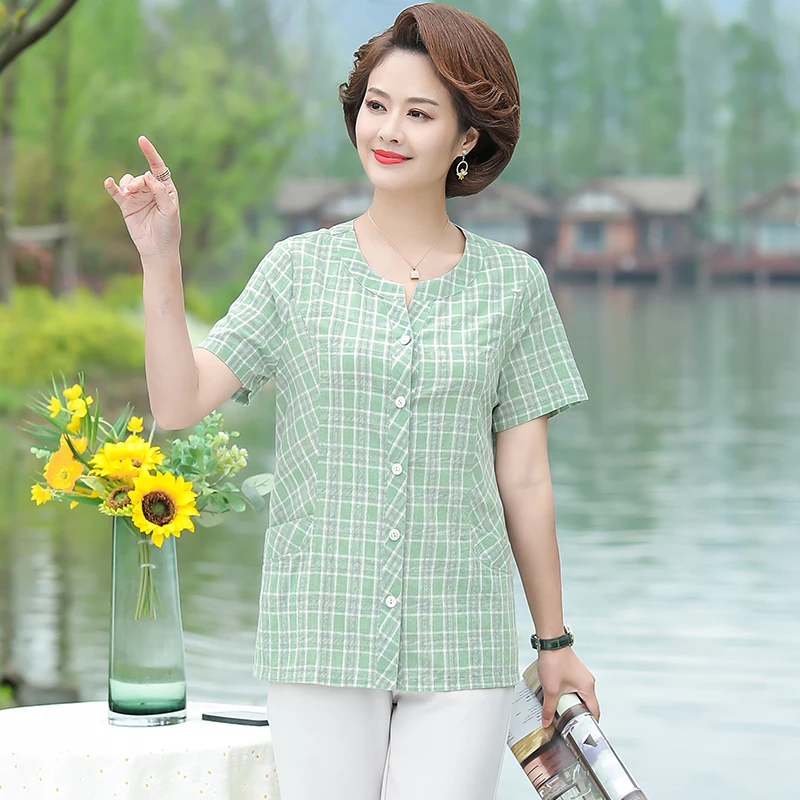 

Middle Aged Women Summer Plaid Shirt Green Blue Yellow Gingham Short Sleeve Round Neck Single-Breasted Top For Mother Clothes