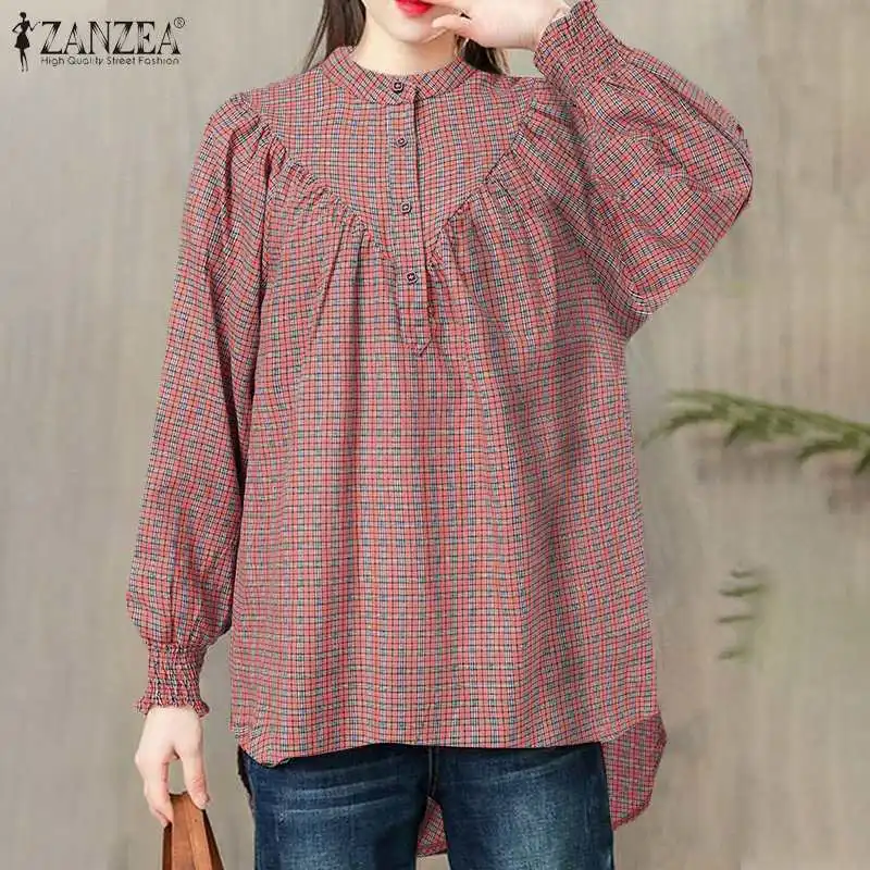 

ZANZEA Casual Long Sleeve Grid Printed Blusa Femme Button Checked Street Print Chemise Stylish Women 2021 Plaid Blouse Tunic Top