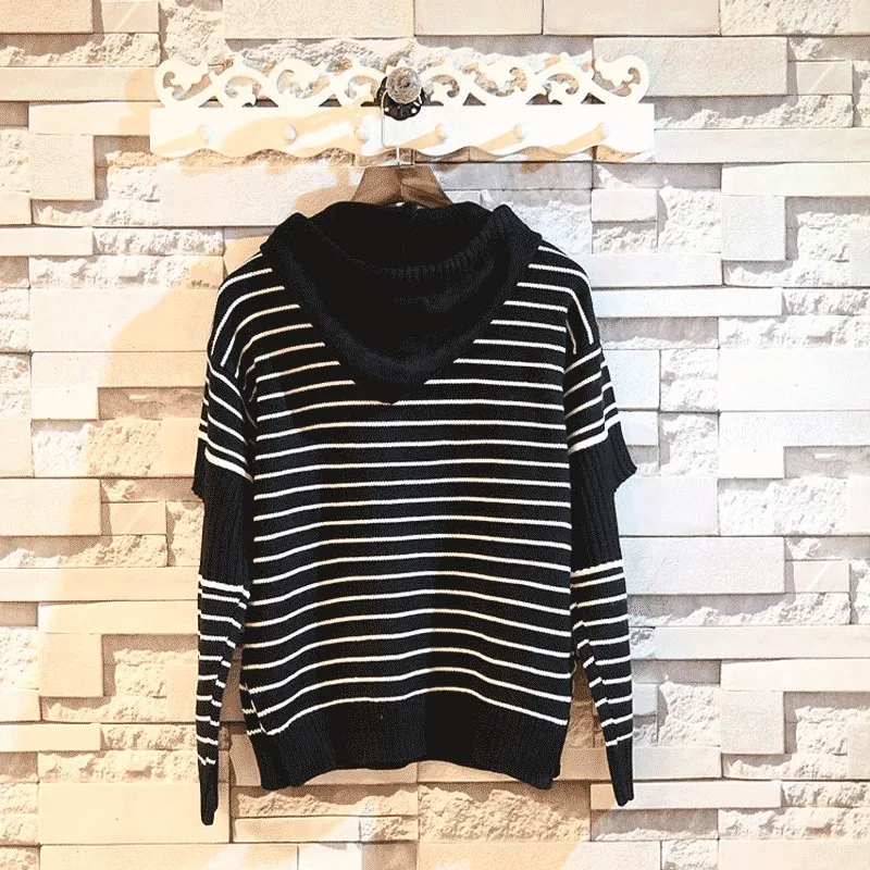 

Autumn Loose Hooded Sweaters Men Casual Striped Hole Ripped Hip Hop Knitting Sweaters Fashion Long Sleeve Pullover Tops M-XL