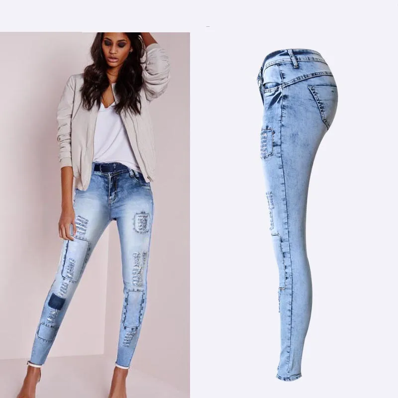 

Summer Style Low Waist Sky Blue Patchwork Skinny Tights Women Pencil Jeans High Stretch Sexy Push Up Denim Women Fashion Jeans