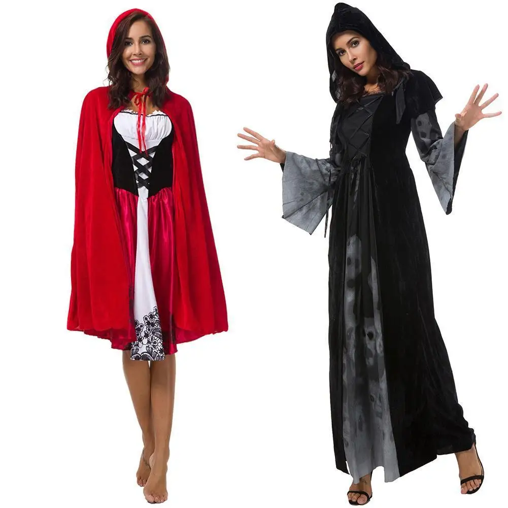 

Женский костюм ведьмы на Хэллоуин с красным капюшоном, женский костюм для взрослых, костюм для косплея, праздничный костюм с красной плащой,...