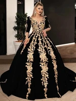 black moroccan kaftan caftan muslim evening dresses ball gown half sleeves appliques dubai arabic turkey abaya islamic gown