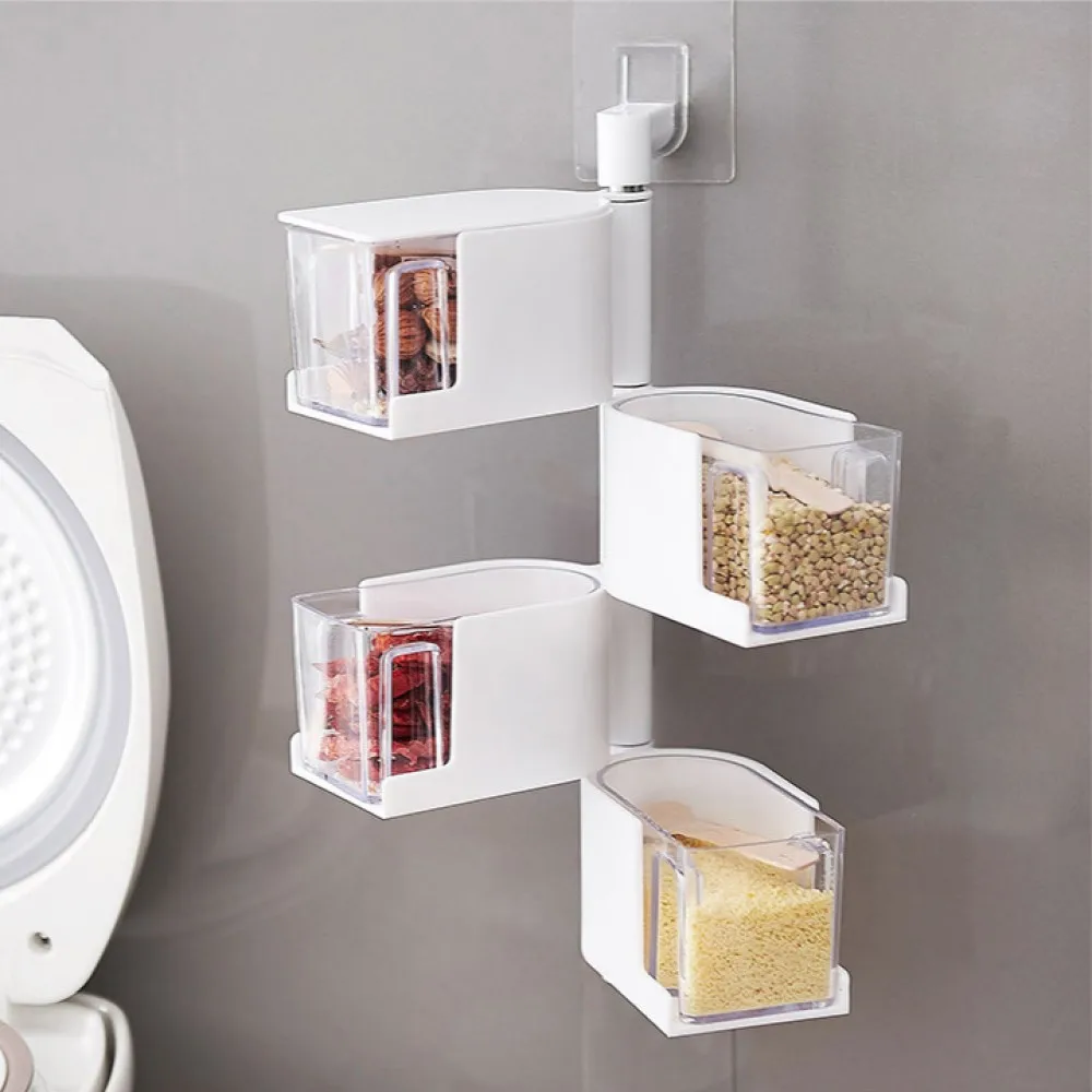 

Household paste type wall mounted rotary transparent seasoning box, kitchen seasoning storage, with spoon, no hole installation