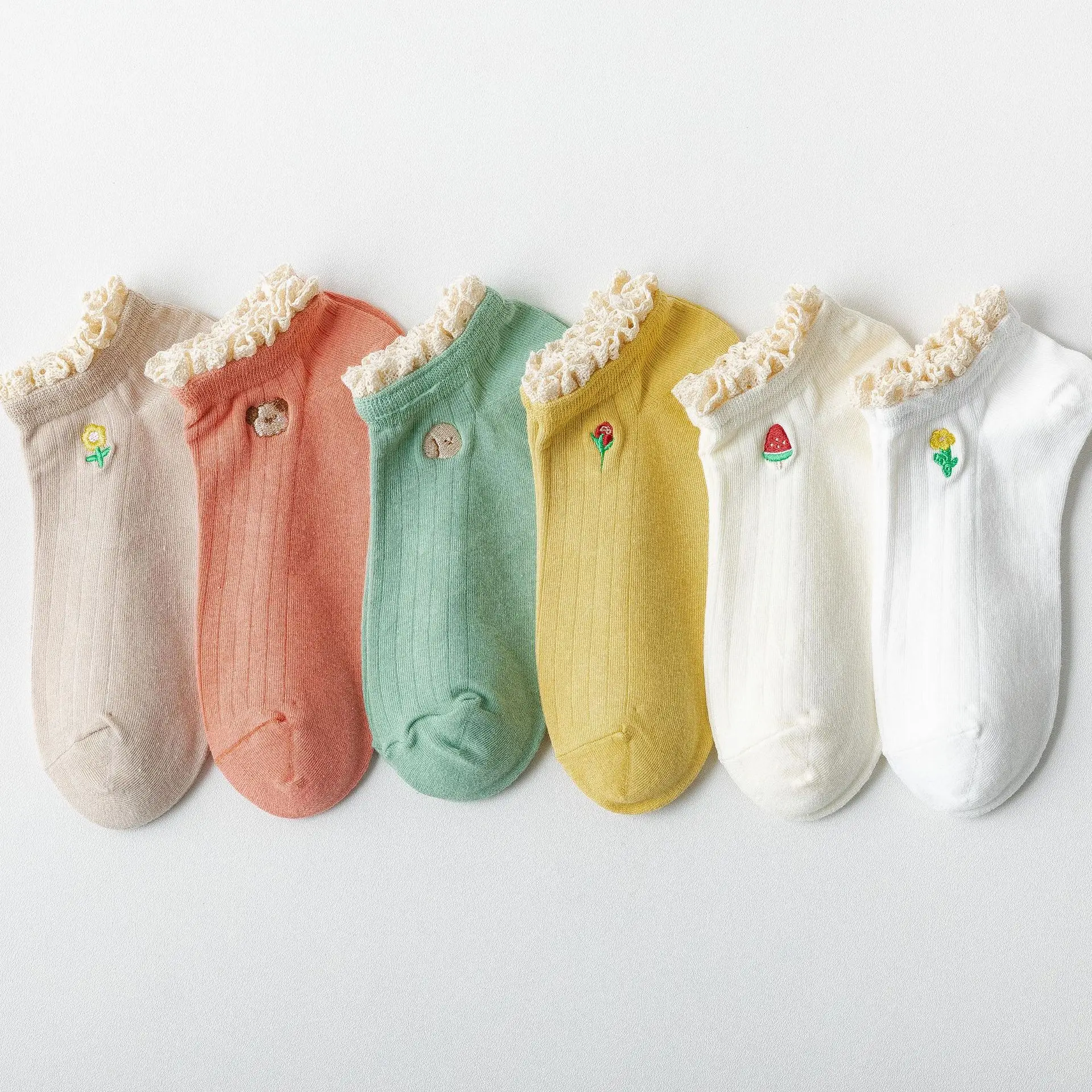 

Cartoon Embroidery Short Socks Women Solid Japanese Style Kawaii Cute Socks Animals Flower Fruits Summer Invisible Ankle Socks