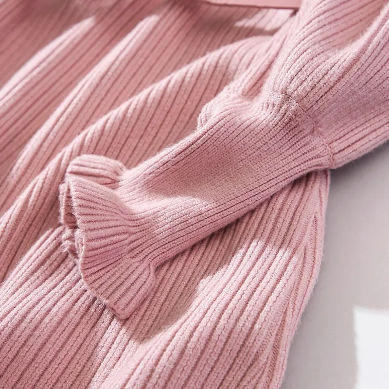 

Women Autumn and Winter New Knit Dress Korean Mesh Stitching Slimming Over-the-knee Sweater Dress Flared Sleeve Ruffle Dresses