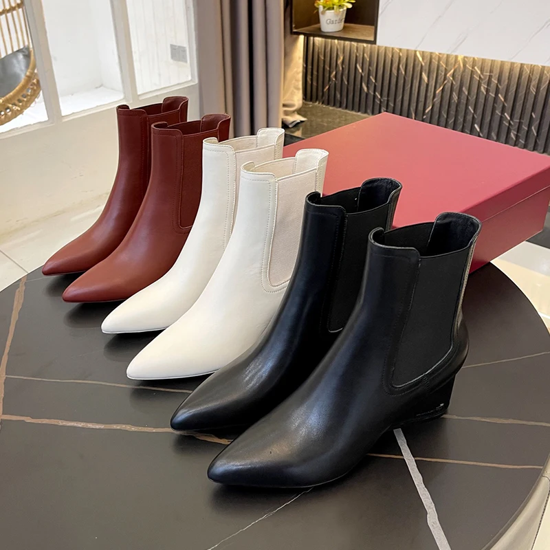 

Women Shoes Round Toe Elastic Genuine Leather Ankle Boot 2021 Fashion New Autumn Winter Thick Heel Boot For Lady
