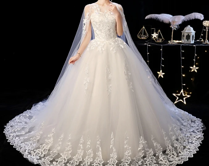 Pure White Women Wedding Dress With Long Cap Lace Wedding Gown Long Train Embroidery Princess Plus Szie Bridal Dress