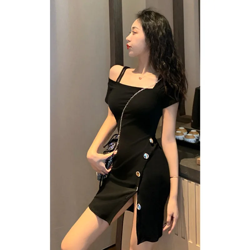 

Real shot 2021 new women's fashion sexy slim irregular strapless short split dress